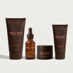 Routine Jour MELA SKIN : nettoyant, sérum anti-taches, crème hydratante, crème solaire
