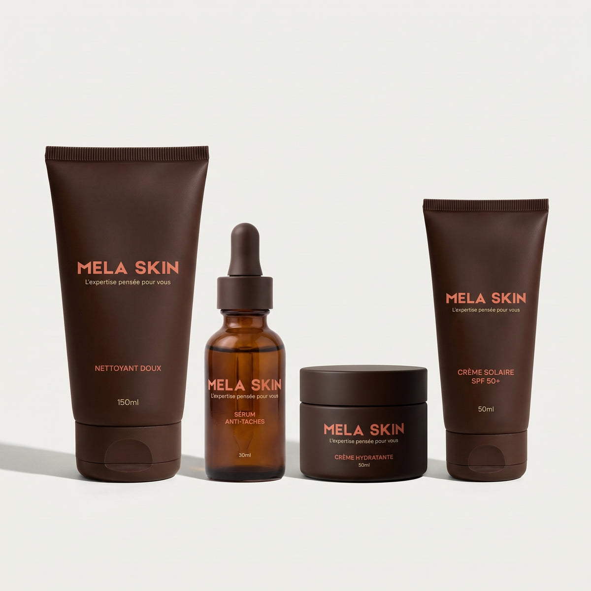 Routine Jour MELA SKIN : nettoyant, sérum anti-taches, crème hydratante, crème solaire